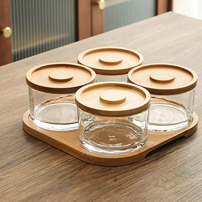 Chip and Dip Serving Set with Bamboo Tray, Snack Candy Fruit Nut Serving Platter, Small Glass Dipping Serving Bowls with Lids for Condiments, Side Dishes, Pre, Dessert, Salsa (3 Slots)