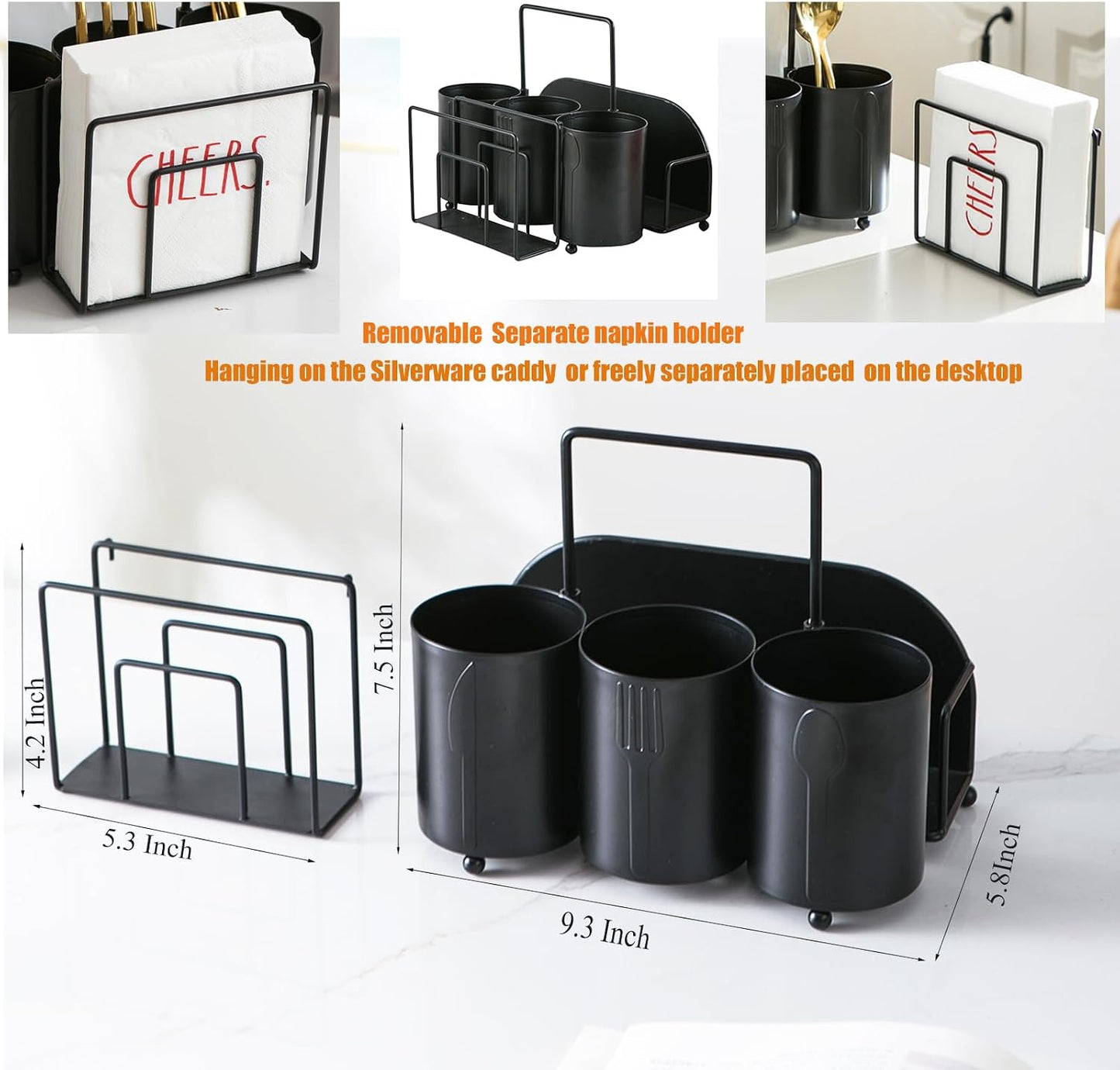 NelyBet Silverware Caddy Utensil Holder for Countertop Utensil Caddy with Paper Plate Napkin Holder Cutlery Flatware Silverware Organizers for Outdoor Party Camping Picnic - Black Metal
