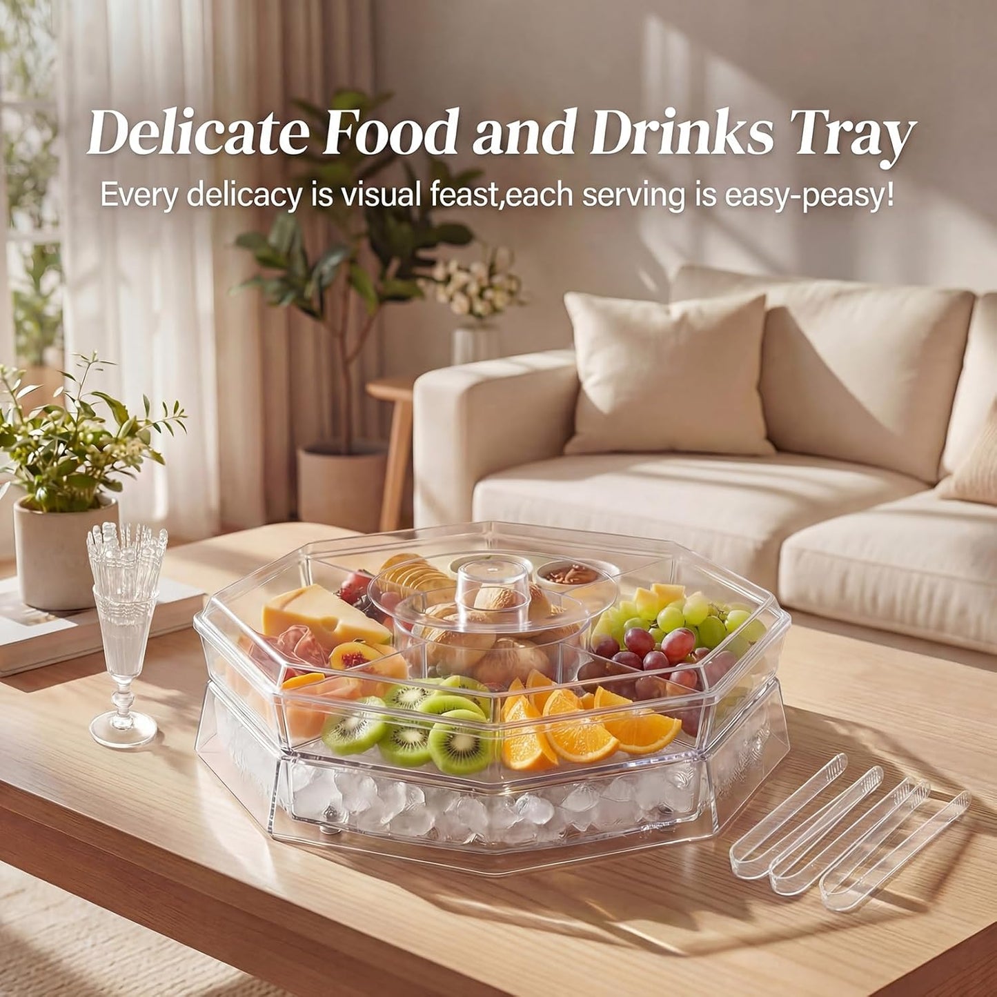 Rotating Chilled Serving Tray with Lid, 5-Compartment Fruit Tray with Ice Bottom for Salad, Shrimp, Appetizers and Parties