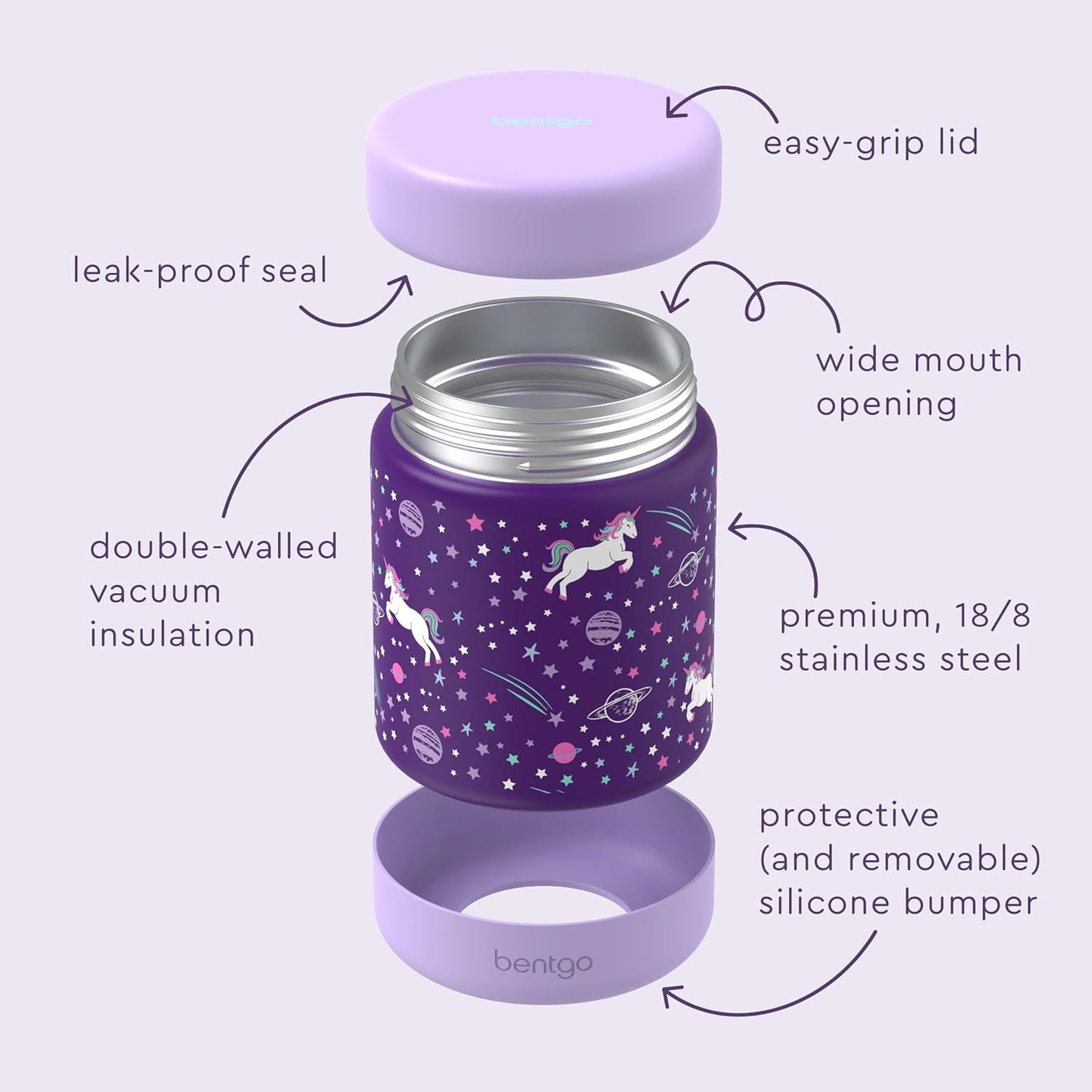 Bentgo Kids Stainless Steel Food Jar - 11oz Leak-Proof Double Insulated Hot or Cold Food Container with Removable Silicone Bumper, Dishwasher Safe, Easy Open Lid, Ages 3+ (Trucks)