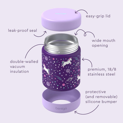 Bentgo Kids Stainless Steel Food Jar - 11oz Leak-Proof Double Insulated Hot or Cold Food Container with Removable Silicone Bumper, Dishwasher Safe, Easy Open Lid, Ages 3+ (Trucks)