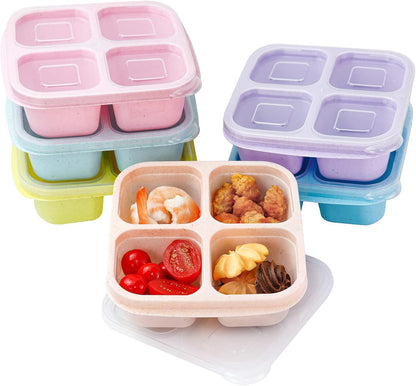 Finorder 6 Pack 4-Compartment Snack Containers, Reusable Food Containers for Kids School, Adults Office, Picnic Trip, Lunch Bento Box Meal Prep Containers (Bright Color Set)