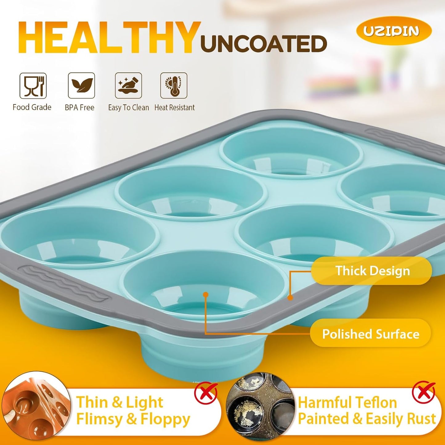 Silicone Muffin Pan, 12 Cups Non-Stick Cupcake Pan, Food-Grade BPA-Free Muffin Tin, Oven-Safe 450 °F, Reinforced Steel Frame, Easy-Grab Handles, Quick-Release 2.3" Baking Molds for Mini Treats