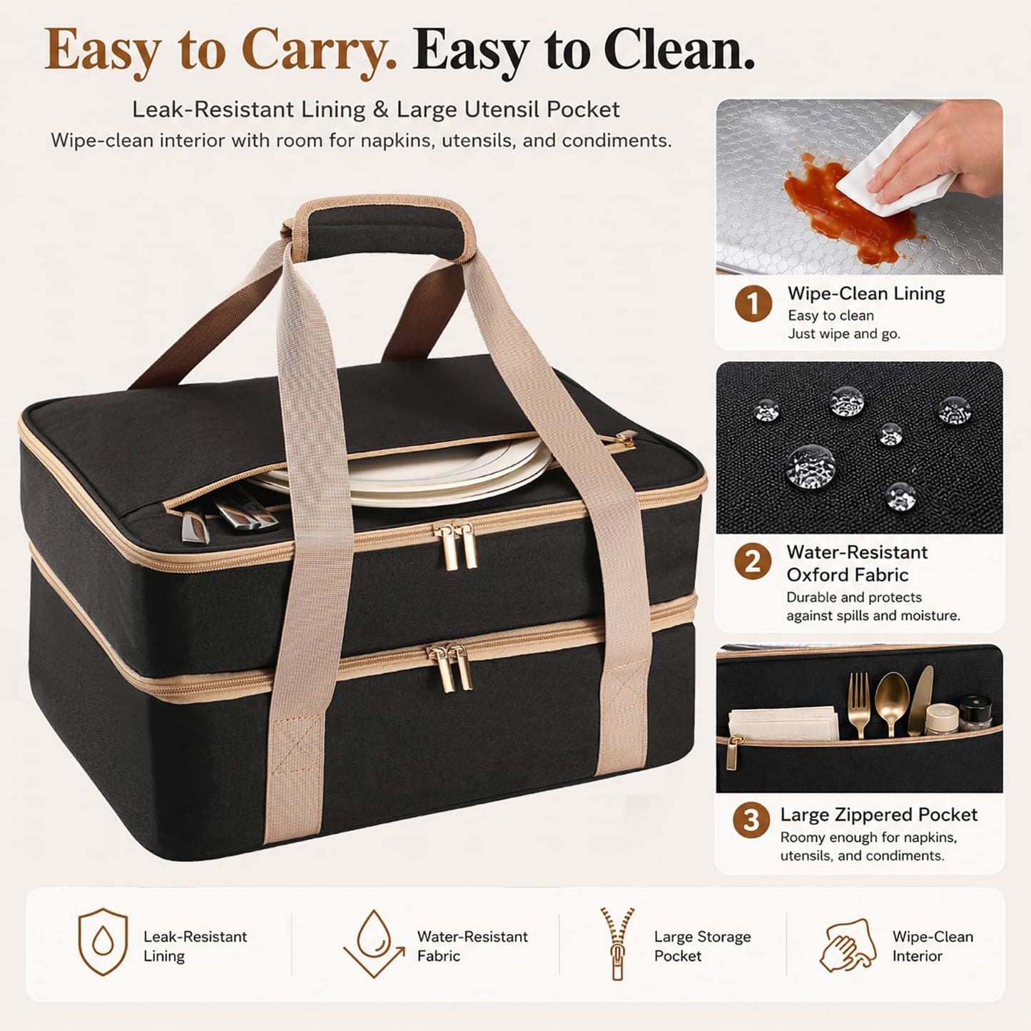Joyfol Day Double-Decker Insulated Casserole Carrier - Casserole Dish Carrier Hot/Cold Food Tote for Potlucks, Fits 9x13 & 11x15 Pans (Handle-Free) with Heatproof Mat, Black