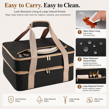 Joyfol Day Double-Decker Insulated Casserole Carrier - Casserole Dish Carrier Hot/Cold Food Tote for Potlucks, Fits 9x13 & 11x15 Pans (Handle-Free) with Heatproof Mat, Black
