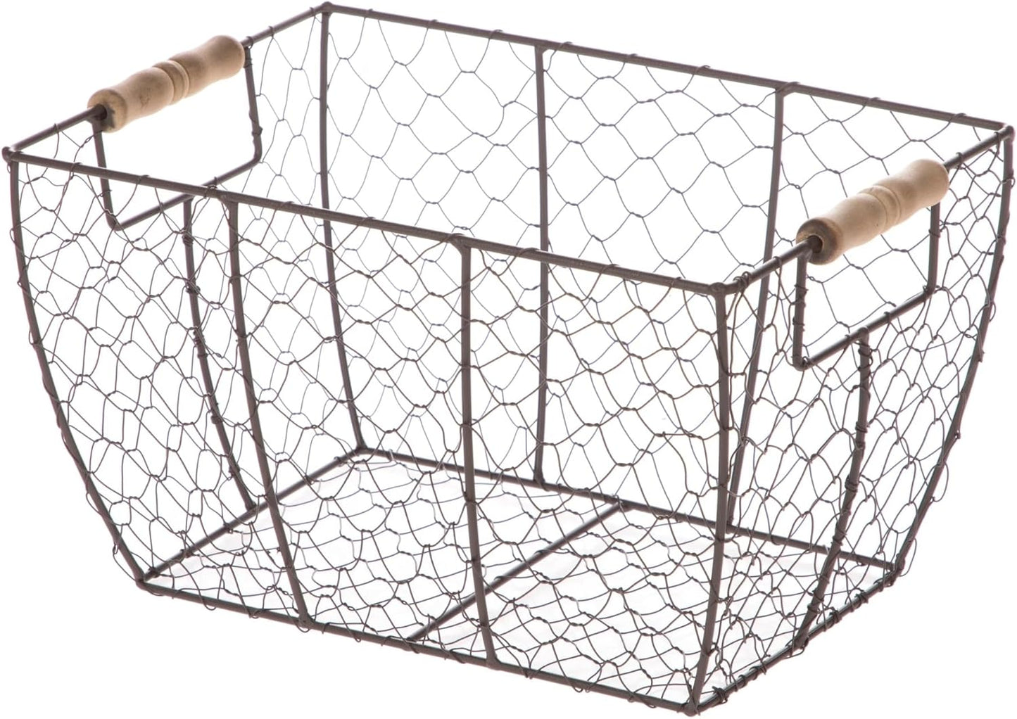 Decorative Brown Chicken Wire Basket with Wood Handles. 12.2x8x7.28