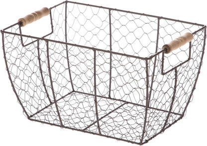 Decorative Brown Chicken Wire Basket with Wood Handles. 12.2x8x7.28