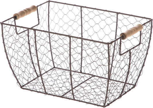 Decorative Brown Chicken Wire Basket with Wood Handles. 12.2x8x7.28