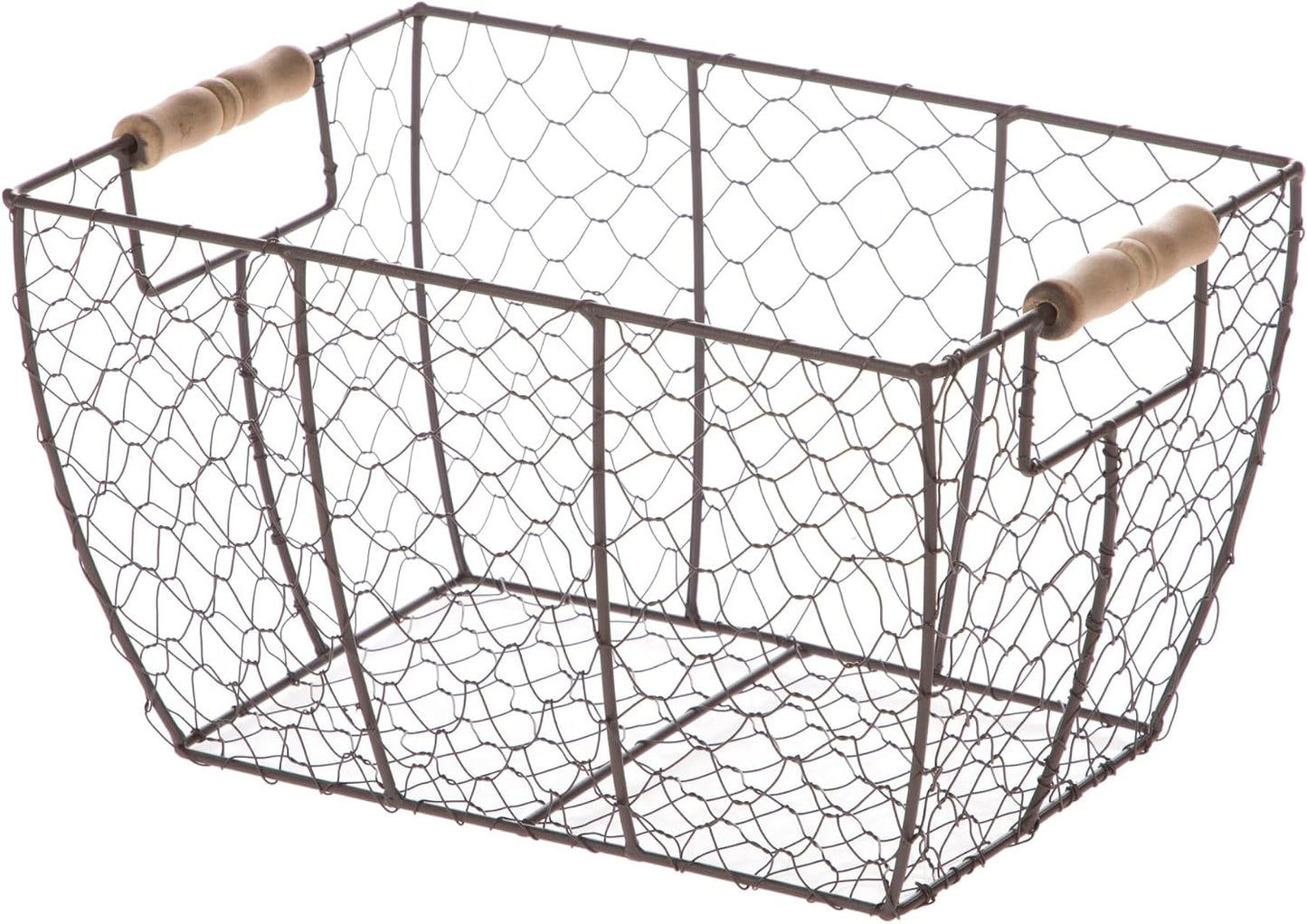 Decorative Brown Chicken Wire Basket with Wood Handles. 12.2x8x7.28