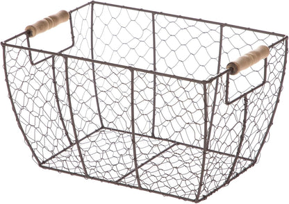 Decorative Brown Chicken Wire Basket with Wood Handles. 12.2x8x7.28