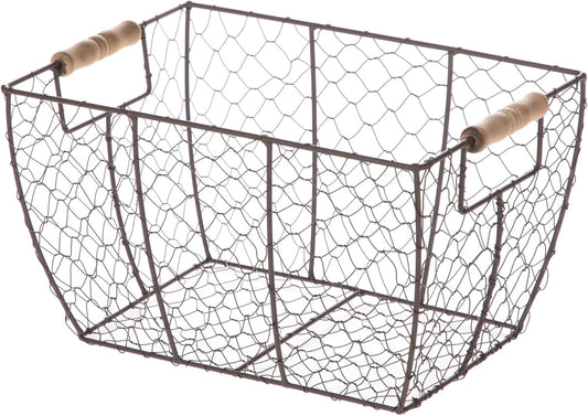 Decorative Brown Chicken Wire Basket with Wood Handles. 12.2x8x7.28