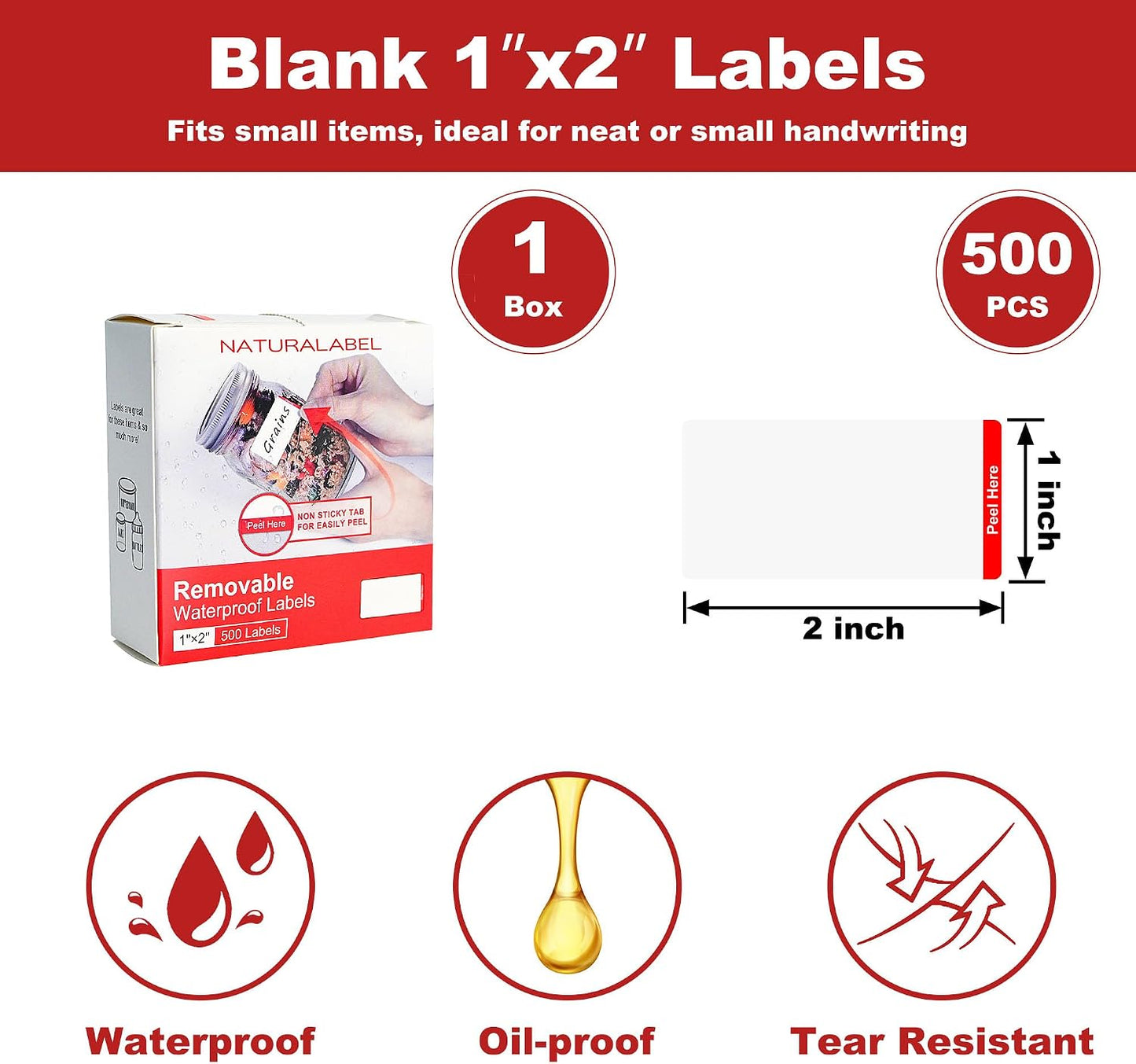 NATURALABEL 500 PCS Blank Removable Freezer Labels with Dispenser - 1" x 2" Food Labels for Meal Prep Containers, Easy Peel-Off Design, No Residue