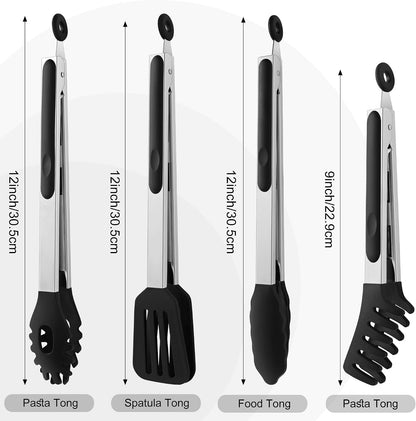 Kitchen Tongs with Silicone Tips, 9" & 12" Silicone Tongs for Cooking