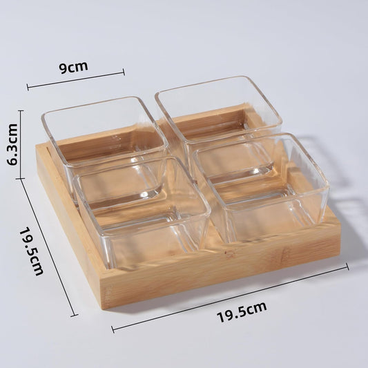 Snackle Box Container Chip and Dip Bowls With Serving Tray, 3 Glass Square Sauce Cups Dip Bowls, Small Fruit Platter Side Dishes for Party Entertaining Appetizer Dessert Salsa Side Dishes(THREE)