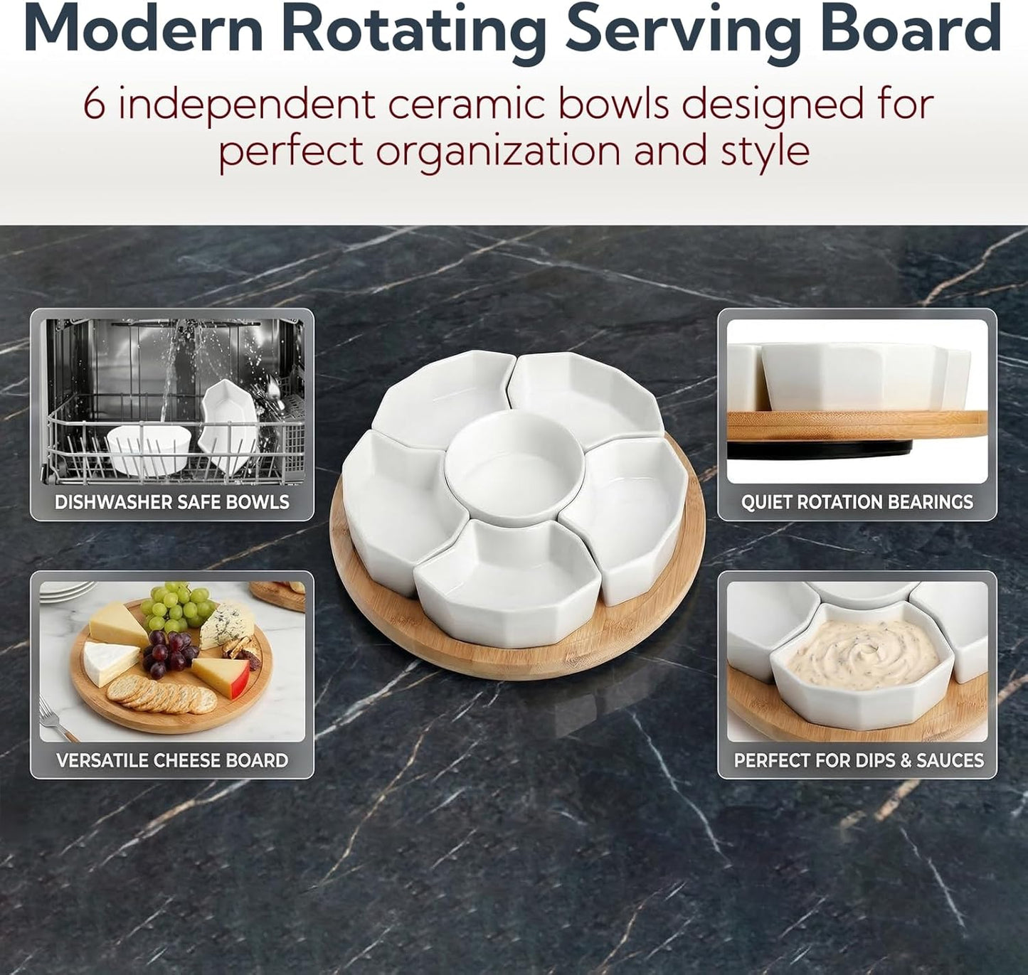 SOUJOY 11'' Lazy Susan Serving Tray, Porcelain 360° Rotatable Serving Tray and Platters, Removable Divided Serving Dishes, Party Relish Bowl for Chip, Dip, Veggies, Candy and Snack, Cheese, 7 Pieces
