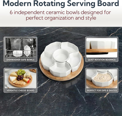 SOUJOY 11'' Lazy Susan Serving Tray, Porcelain 360° Rotatable Serving Tray and Platters, Removable Divided Serving Dishes, Party Relish Bowl for Chip, Dip, Veggies, Candy and Snack, Cheese, 7 Pieces