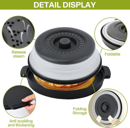 Microwave Splatter Cover for Food with Anti-scald Base Plate,Large Plastic & Silicone Vented Avoid Scalding Collapsible Guard Lid, Plate & Kitchen Colander for Meal Prep-10.7 Inch (2pcs-Gray-Black)
