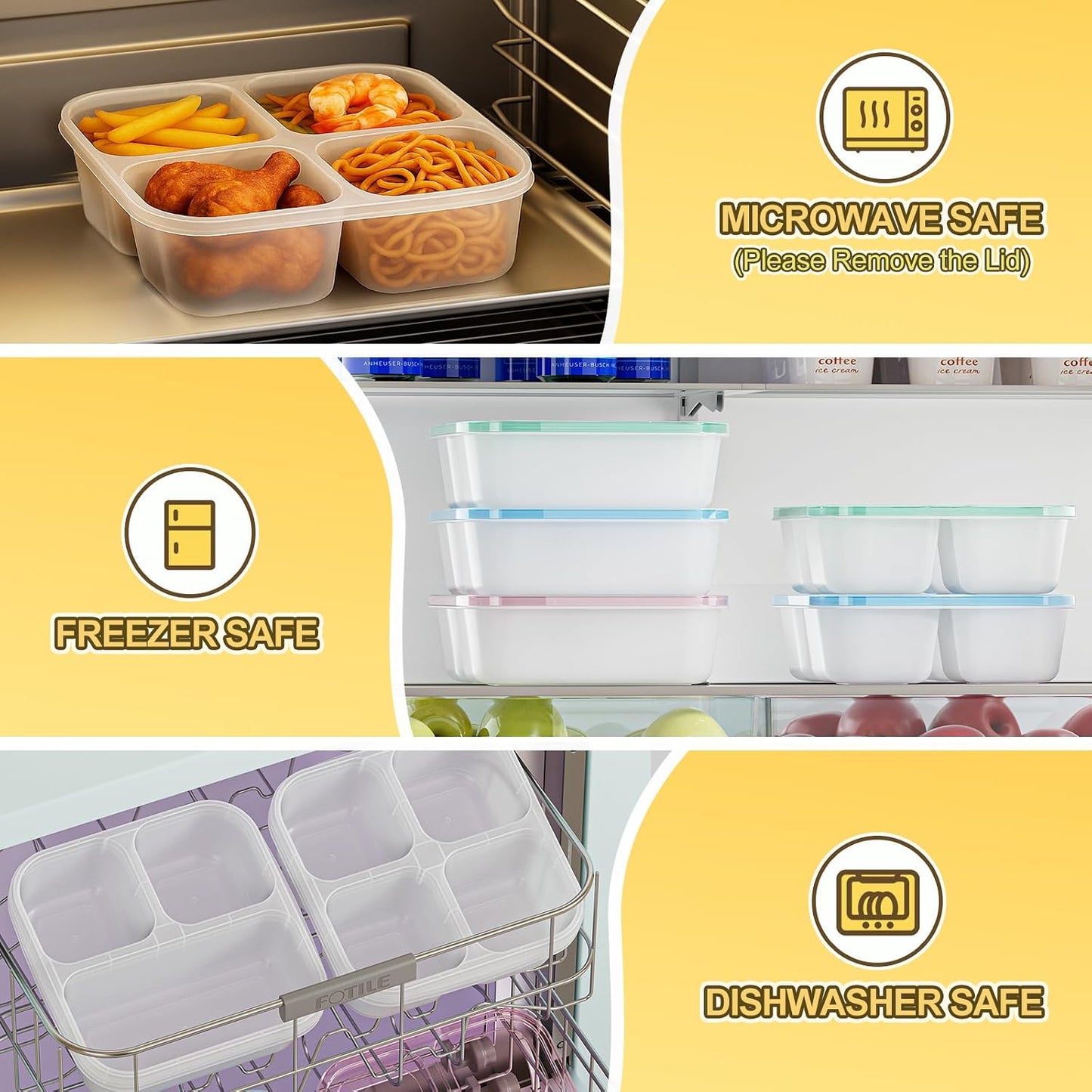 6 Pcs Snack Box Container Set, Reusable 3&4 Compartment Meal Prep Snack Containers for Adults Kids Toddler, BPA-Free Divided Lunchable Container for School, Work and Travel (Transparent Lids)