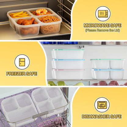 6 Pcs Snack Box Container Set, Reusable 3&4 Compartment Meal Prep Snack Containers for Adults Kids Toddler, BPA-Free Divided Lunchable Container for School, Work and Travel (Transparent Lids)