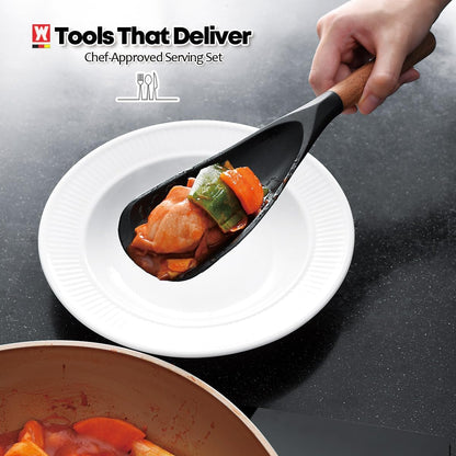 Cooking Ladle: Silicone Kitchen Utensil with Long Wooden Handles, Heat Resistant Cookware, Protects Surfaces with Gentle Head Design, Portion Batter, Professional Chef Wok Soup Ladle