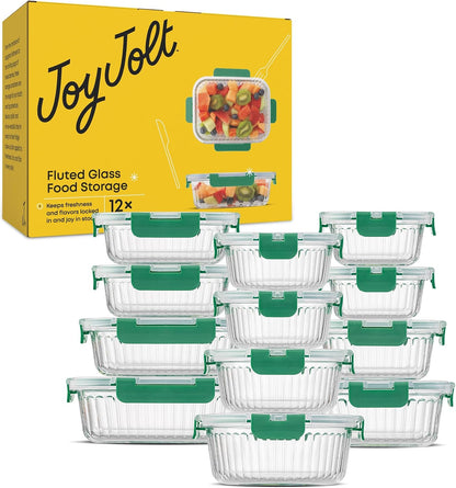 JoyJolt 24pc Borosilicate Glass Storage Containers with Lids | 12 Airtight/Freezer Safe Food Storage Containers for Pantry and Kitchen | Meal Prep Container for Lunch | Glass Tupperware Set