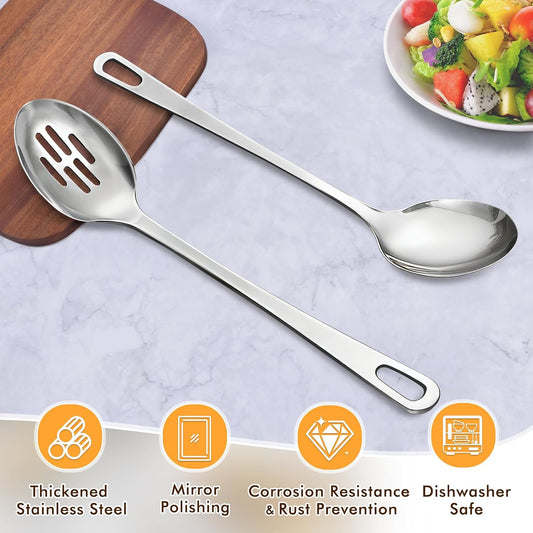 Stainless Steel Cooking Spoons Set, Solid & Slotted Metal Serving Spoons, Heavy Duty Sturdy Large Soup Ladle, High Heat Resistant Kitchen Cooking Utensils for Mixing, Stirring, Easy to Clean