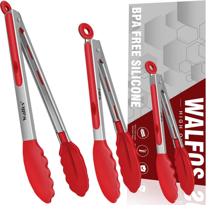 Walfos Kitchen Tongs for Cooking, 600℉ Heat Resistant Stainless Steel Tongs, All Metal Heavy Duty Tongs For Food ,BBQ Grilling - 7 ，9 and 12 Inch ,Set of 3