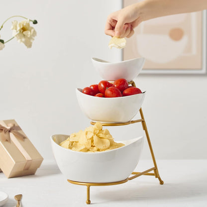 Gomakren 3 Tiered Oval Serving Bowl with Collapsible Metal Rack, Chip and Dip Serving Set, Dessert Appetizer Bowl Set (45oz / 17.5oz / 7oz), Serving Bowls For Mothers Day Entertaining (Gold Stand)