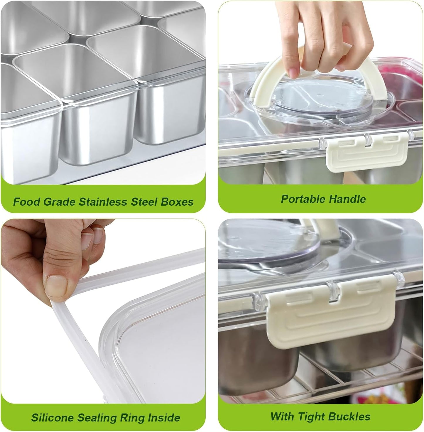 Snackle Box Container Stainless Steel - Reusable 8 Compartment Divided Serving Tray with Lid and Handle, Clear Portable Snack Containers Platters Storage Organizer for Snacks Fruit Candy Veggie Nuts