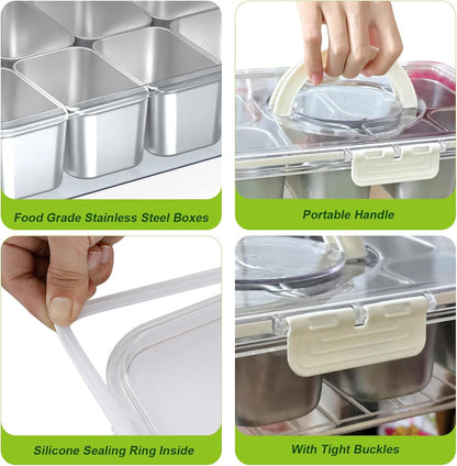Snackle Box Container Stainless Steel - Reusable 8 Compartment Divided Serving Tray with Lid and Handle, Clear Portable Snack Containers Platters Storage Organizer for Snacks Fruit Candy Veggie Nuts