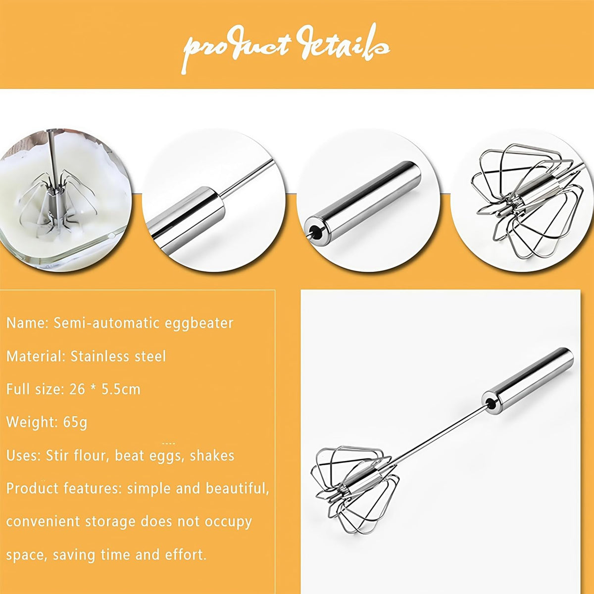 Digead Stainless Steel Egg Whisk, Hand Push Rotary Whisk Blender, Versatile Milk Frother, Hand Push Mixer Stirrer for Blending, Whisking, Beating & Stirring (12in)