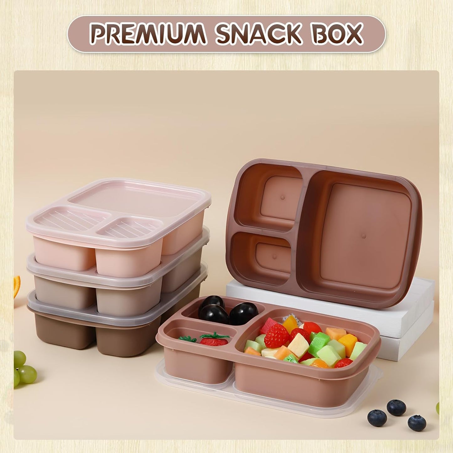 Honeydak 5 Pack Snack Containers 3 Compartment Bento Snack Boxes Divided Meal Prep Containers with Lids Reusable Adults Lunch Food Storage Box for School Work Travel(Elderberry)