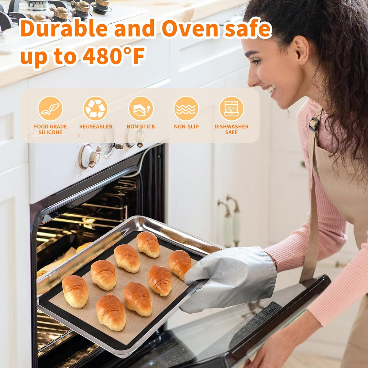 Luckyiren 2 Pack Silicone Baking Mat Set, Nonstick Half Sheet, Orange/Beige