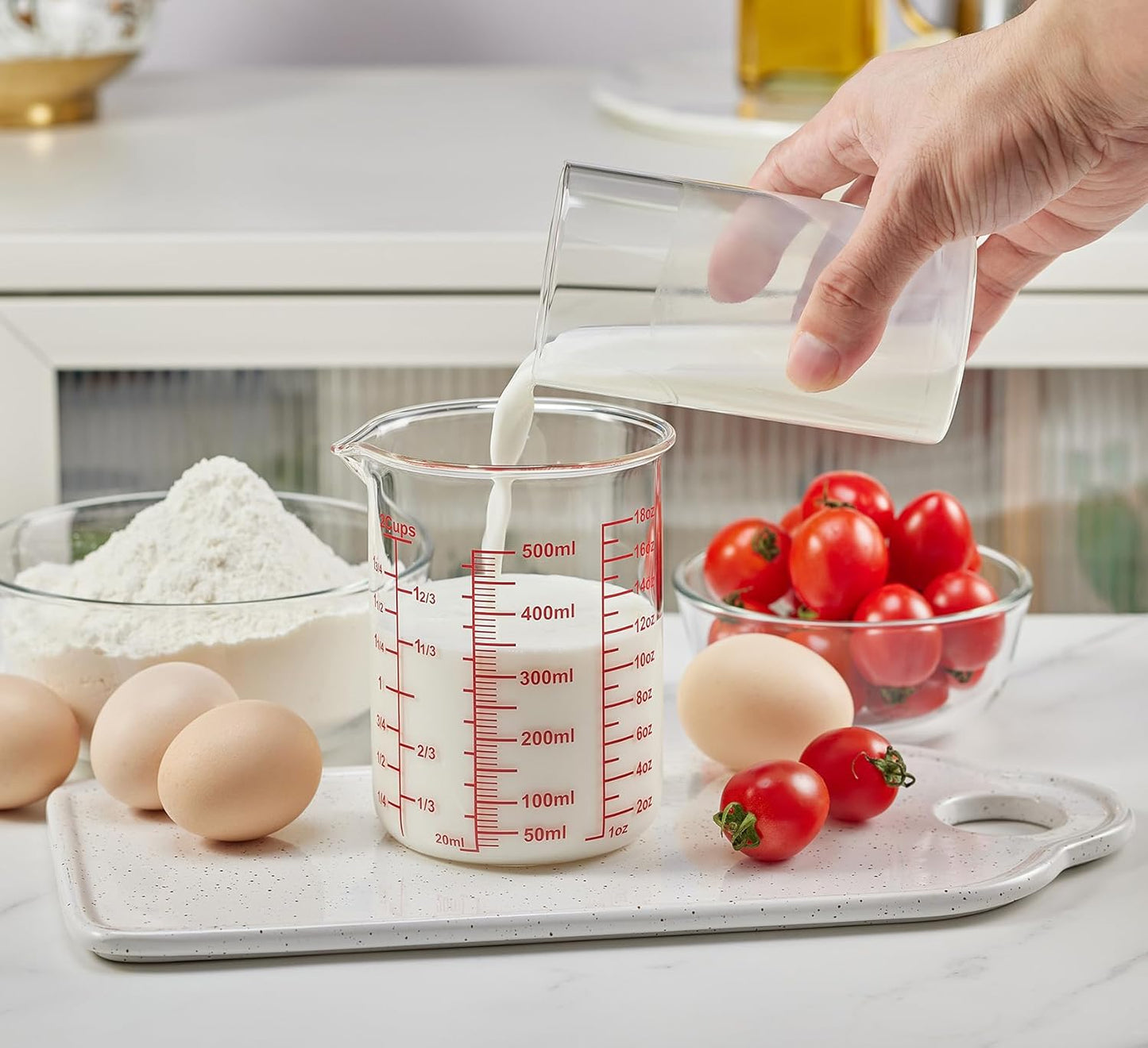 3 Piece Glass Measuring Cup Set, Includes 1/2-Cup, 1-Cup, and 2-Cup High Borosilicate Glasss Liquid Measuring Cups, Dishwasher, Freezer, Microwave, and Preheated Oven Safe, Essential Kitchen Tools