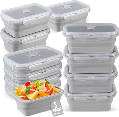 Mifoci Set of 8 Silicone Collapsible Bowls for Camping with Vent Lid Silicone Storage Containers for Food Meal Preparation Square Bowl Microwave Freezer Dishwasher Safe(Blue,17 Oz/ 500 ml)
