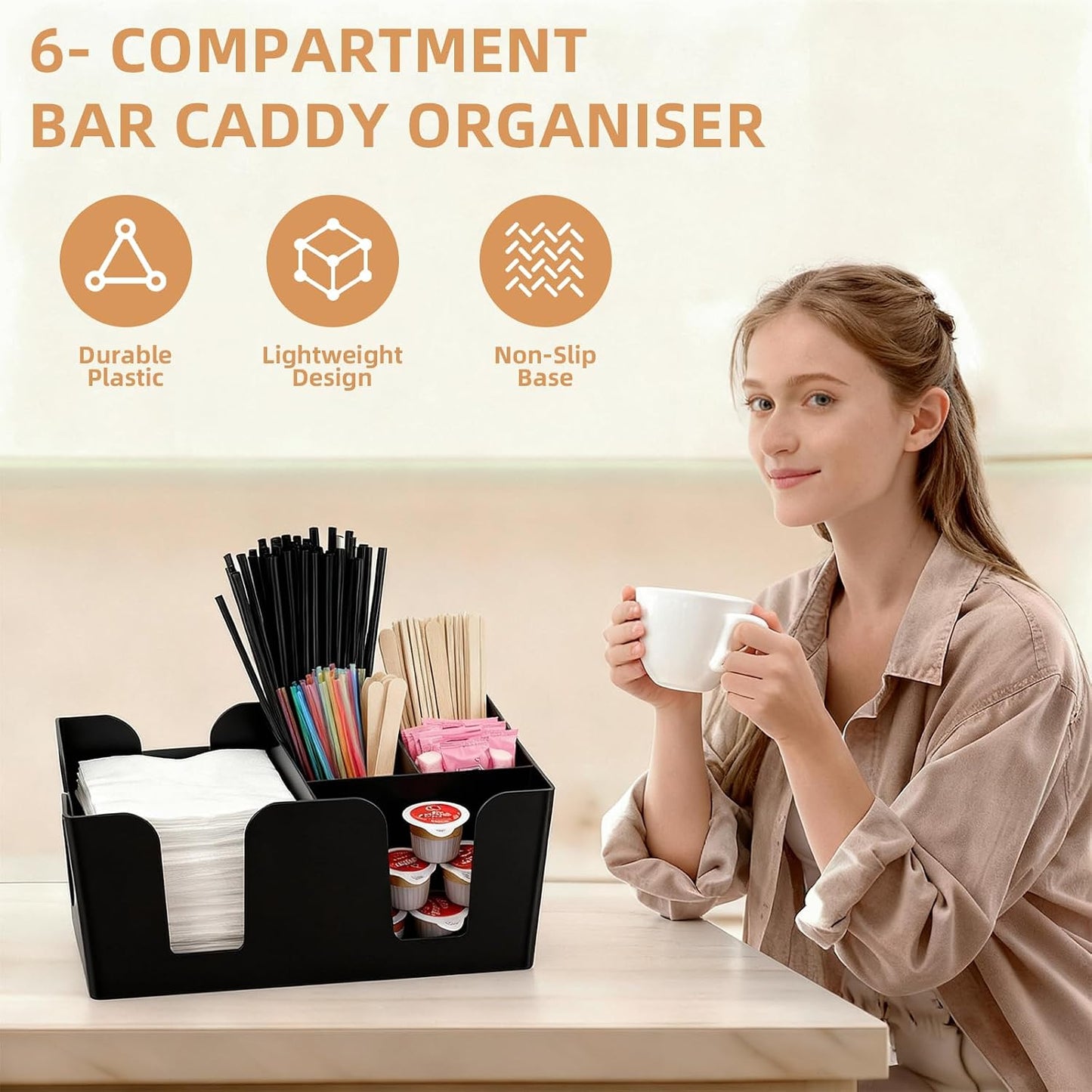 Commercial Cup and Lid Holder with Straw Organizer,Disposable Coffee Cup Condiment Dispenser for Countertop Org, Coffee Bar, Beverage Cup, Kitchen, Breakroom (11 Compartment Upright)