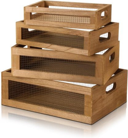 FillTouch 4 Pcs Wooden Nesting Countertop Baskets 4 Size Wooden Storage Box with Handle and Metal Wire Multipurpose Wood Organizer Crate for Fruit Vegetable Kitchen Cabinet Bathroom(Dark Brown,Small)