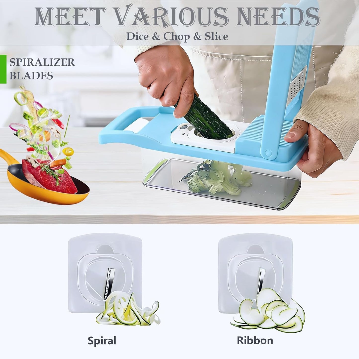 Vegetable Chopper Dicer with Container | Cheese Grater Mandoline Slicer Cabbage Shredder French Fry Cutter Stainless Steel for Veggie Onion Potato Fruit Food, Manual Hand Cooking Gadget for Kitchen
