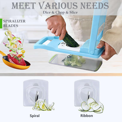 Vegetable Chopper Dicer with Container | Cheese Grater Mandoline Slicer Cabbage Shredder French Fry Cutter Stainless Steel for Veggie Onion Potato Fruit Food, Manual Hand Cooking Gadget for Kitchen