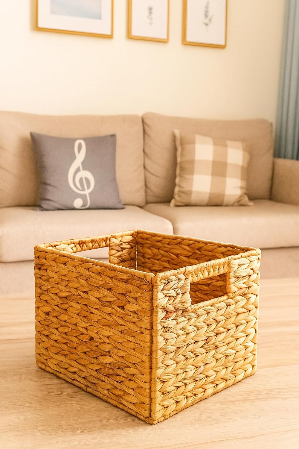 Foldable Water Hyacinth Storage Basket with Handles – Handwoven Natural Organizer Bin for Shelves, Closet, or Living Room Decor
