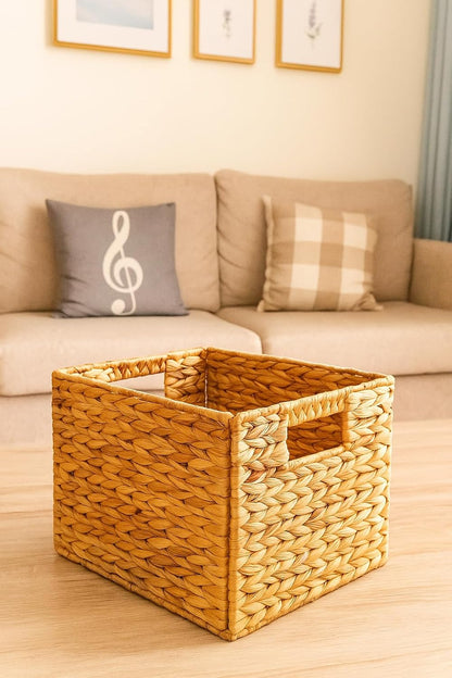 Foldable Water Hyacinth Storage Basket with Handles – Handwoven Natural Organizer Bin for Shelves, Closet, or Living Room Decor