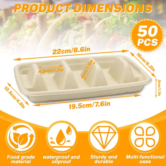 Disposable Taco Holder, Paper Taco Plates with 3 Dividers, Fiesta Tray Stand, Compartment Bar Serving Set for Tuesday Supplies (Pulp Fiber, Beige) (50 Pieces)