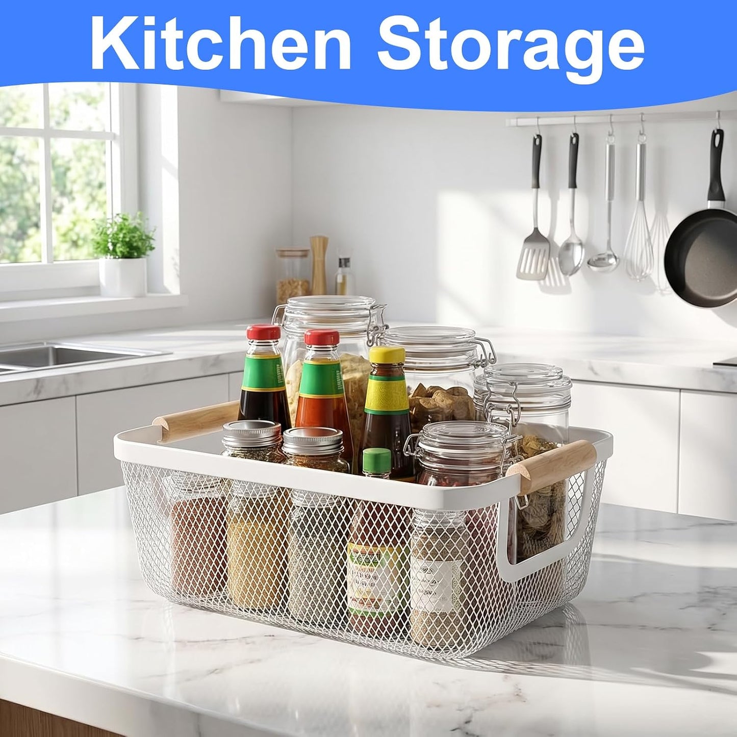 6 Pcs Metal Wire Basket with Wooden Handles, Mesh Steel Storage Organizer Bins for Home Office Kitchen Pantry Closet Fridge Organization, Small Size Cream White