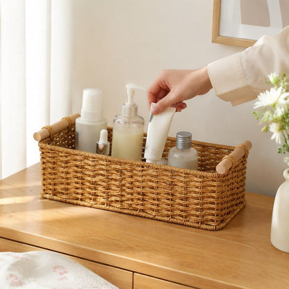 Handwoven Storage Basket Decorative Basket Rectangular with Handles Organizer for Living Room Toilet Pantry Bookcase Cabinet, Style B