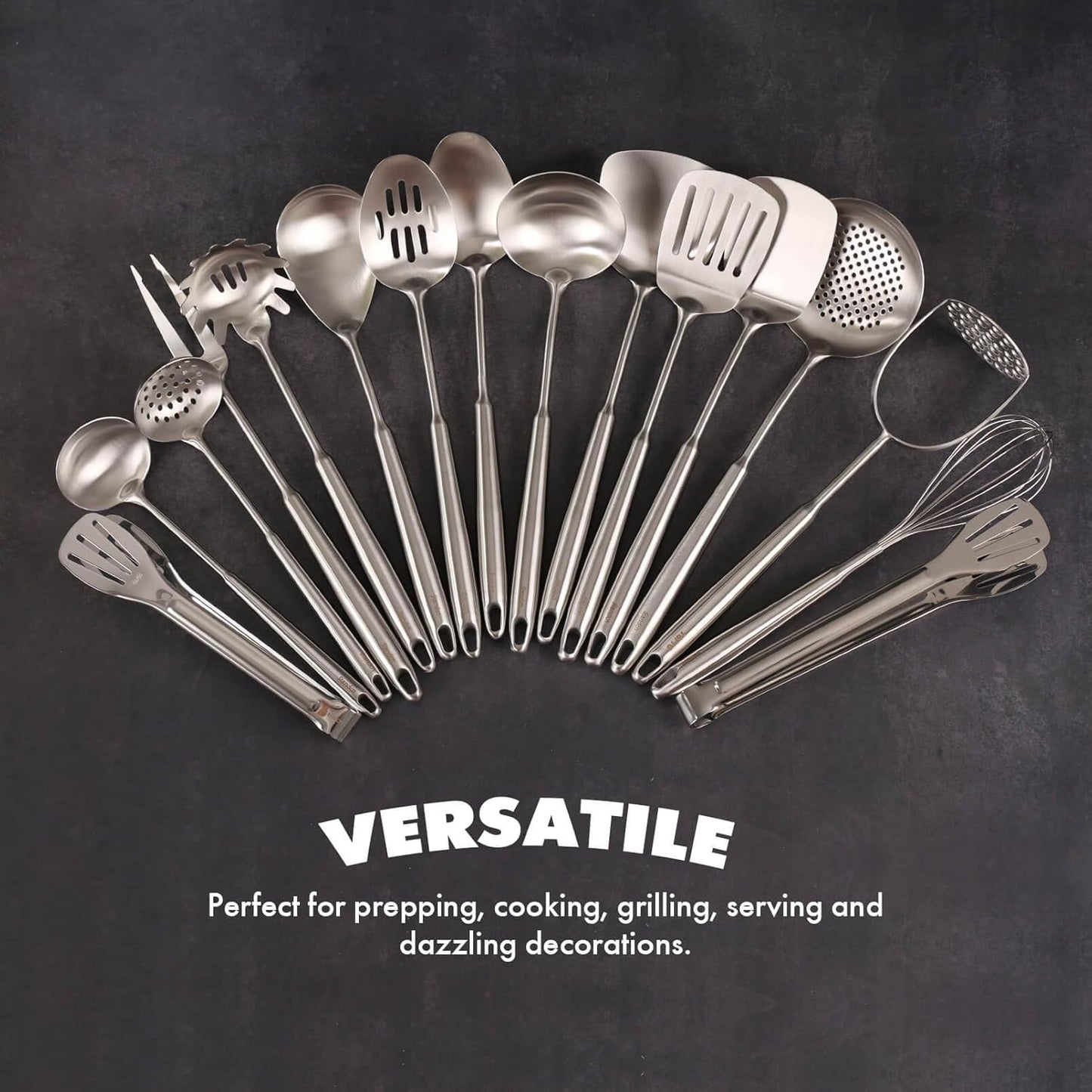 18/10 Stainless Steel Kitchen Utensils Set - 12 PCS All Metal Cooking Tools & 15″ Serving Utensils - Potato Masher, Meat Fork, Tongs, Turner, Pasta, Serving Spoon, Skimmer, Ladle, Spatula Spoon Set