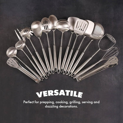 18/10 Stainless Steel Kitchen Utensils Set - 12 PCS All Metal Cooking Tools & 15″ Serving Utensils - Potato Masher, Meat Fork, Tongs, Turner, Pasta, Serving Spoon, Skimmer, Ladle, Spatula Spoon Set