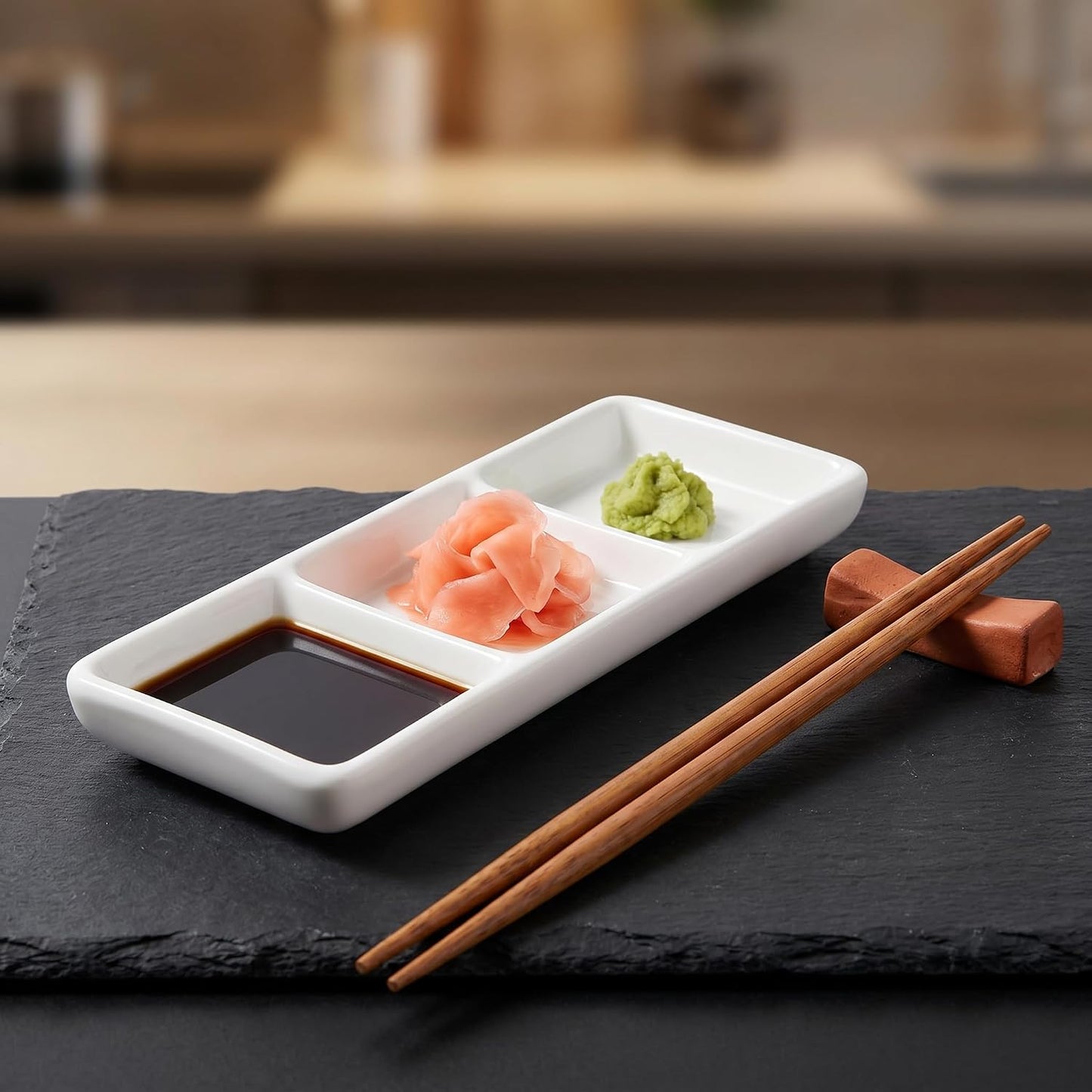 DOITOOL Ceramic Divided Serving Tray 5.8 inch, 4 Pack 3 Compartment Appetizer Tray White Stackable Chip and Dip Serving Dish Condiment Server for Entertaining, Snack Food Dessert, Dishwasher Safe