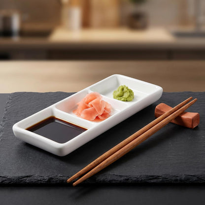 DOITOOL Ceramic Divided Serving Tray 5.8 inch, 4 Pack 3 Compartment Appetizer Tray White Stackable Chip and Dip Serving Dish Condiment Server for Entertaining, Snack Food Dessert, Dishwasher Safe