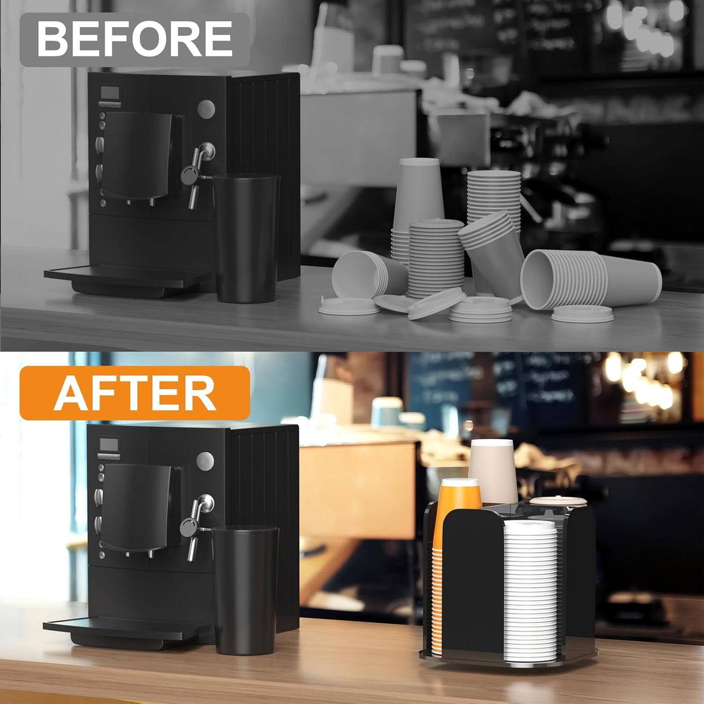 Beego Rotatable 4-Compartment Acrylic Cup Dispenser - Coffee Station Cup and Lid Carousel Countertop Plastic Cup Holder for Restaurant Breakroom Coffee Bar