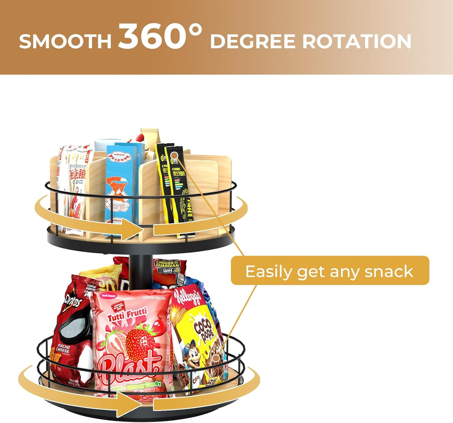 Snack Organizer - Versatile Snack Storage 2 Tier Lazy Susan with Convenient Grab-and-Go Design, Metal Snack Holder for Home, Office, Breakroom, 11.85" L x 11.85" W x 13.3" H (Matte Black)